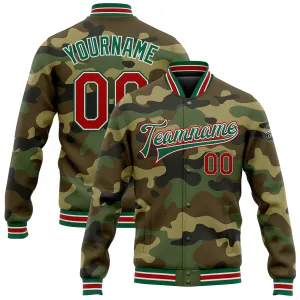 Custom Camo Red-Kelly Green Bomber Full-Snap Varsity Letterman Salute To Service Jacket