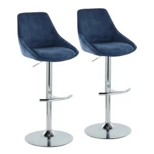 Diana Contemporary Adjustable Bar Stool in Chrome with Rounded T Footrest and Blue Corduroy by LumiSource - Set of 2