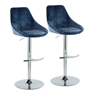 Diana Contemporary Adjustable Bar Stool in Chrome with Rounded T Footrest and Blue Velvet by LumiSource - Set of 2