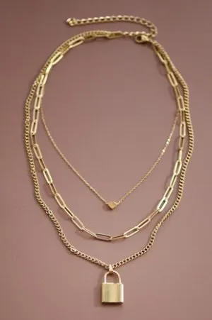 Gold Layered Necklace with Lock & Heart Pendant