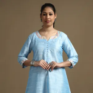 Sky Blue - Plain Solid Slub Silk A-Line Long Kurta