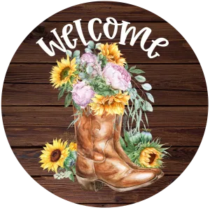 Welcome Sign, Boots Sign, Country Sign, DECOE-4049, 10" Metal Round